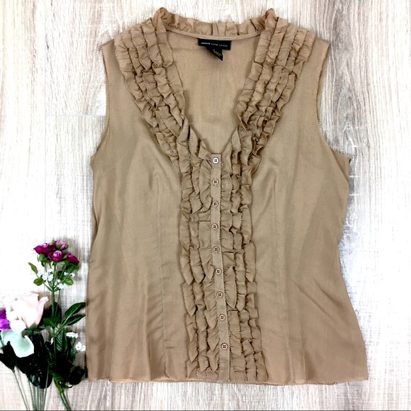 Grace Dane Lewis Tops - Grace Dane Lewis 100% Silk Carmel Ruffle Tank Cami